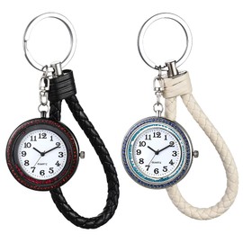 JewelryWe Lobster Watch Pocket Watch with Key Ring, Unique Leather Cord Chain, Carabiner Watch, Analogue Quartz Key Ring, Key Ring Watch for Doctors, Nurses, Paramedics, Chefs, Set of 2, Festive