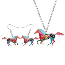 DOWAY Enamel Floral Running Horse Jewelry Sets, Includes Dangle Earrings & Necklace Pendant for Women Girls Gifts (Multicolor)