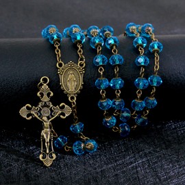 KOMI Catholic Women's Crystal Rosary Beads Necklace with Crucifix Cross, 8MM, Blue Crystal Pearl, Adult Unisex, Fashion Jewelry, Rosary Necklace