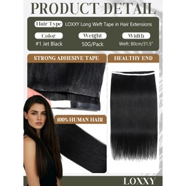 Loxxy Black Tape in Hair Extensions Human Hair, Jet Black for Daily Styling with Tape in Hair Extensions Human Hair, 22 Inch 60G