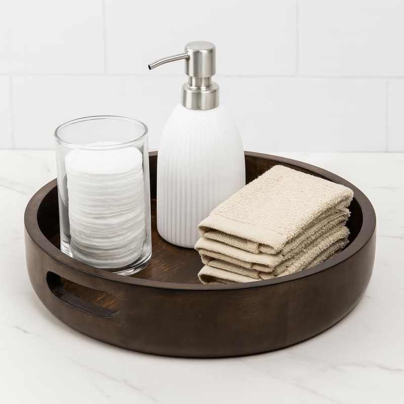 Hand Carved Wooden Round Platter with Handles Rustic Serving Tray,