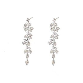 BSLVWG Crystal Leaf Drop Earrings Silver Tassel Dangle Earrings Stud Earrings Silver CZ Crystal Earrings Wedding Long Rhinestone Earrings Jewelry for Women and Girls Bridal