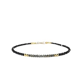 LKBEADS Unisex black spinel & copper pyrite 2.5mm round faceted beads adjustable stacking bracelet with 925 sterling silver - gold plated clasp