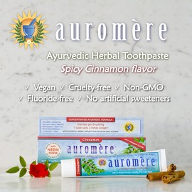 Auromere Ayurvedic Herbal Toothpaste, Cinnamon - Vegan, Natural, Non GMO, Fluoride Free, Gluten Free, with Neem & Peelu (3.57 oz), 1 Pack