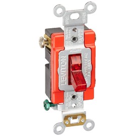 Leviton 1221-PLR 20-Amp, 120 Volt, Toggle Pilot Light, Illuminated On, Req, Neutral Single-Pole AC Quiet Switch, Extra Heavy Duty Grade, Self Grounding, Red