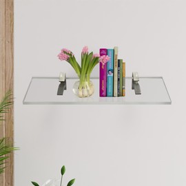 Clear Acrylic Shelves 14.5 inches, 3/4" Thick Transparent Wall Mounted Floating Shelves for Bedroom, Living Room, Bathroom, Kitchen -‎ with Screws and Brushed Nickel Finish Brackets, Pack of 2