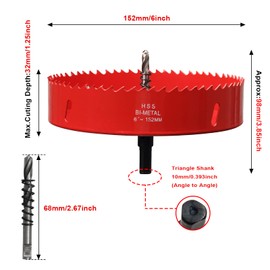 6 inch Hole Saw for Wood, 152mm Diameter HSS Bi-Metal Hole Cutter Circular Drill Bit for Plastic, Drywall, Plasterboard, Fiberglass and Vent Pipe, 3/8” Hex Shank