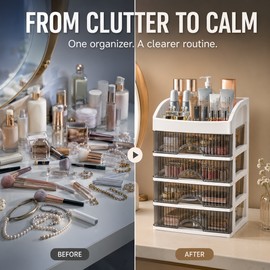 5-Layer Plastic Makeup Organizer with Clear Drawers, White