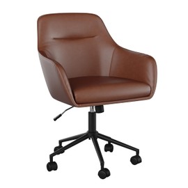 Martha Stewart Rayna Swivel Task Chair with Flared Arms for Home Office in Saddle Brown Faux Leather with Oil Rubbed Bronze Frame
