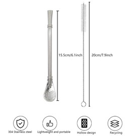 Stainless Steel Drinking Straws with Filter Spoon, 2 Pack Tea Straws, Mate Bombilla, Coffee Stirrer Stick for Iced Tea, Cocktail, with 2 Cleaning Brush (Silver)