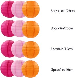 12pcs Hot Pink and Orange Paper Lanterns,Lanterns Round Paper Lanterns for Birthday,Wedding,Baby Shower Party Ceiling Decoration