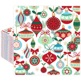 Quera 50 Pack Christmas Cocktail Napkins Disposable Vintage Lamp Ball Pine Branch Paper Napkins Winter Dinner Hand Napkin for Christmas Winter Holiday Party Supplies, 6.5 x 6.5 Inch