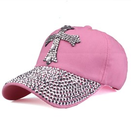 Song Qing Jean Snapback Hat Women Men Bling Cross Rhinestones Denim Baseball Cap Dark Pink