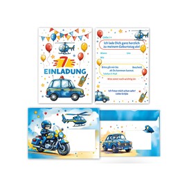 8 Einladungskarten inkl. 8 Umschläge zum 7. Kindergeburtstag Polizei Jungen Kinder coole bunte Einladungen siebte Geburtstag Geburtstagseinladungen Kids