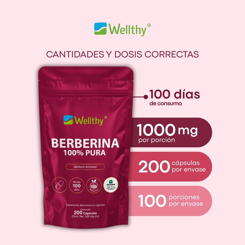 Wellthy Berberina Pura 200 Cápsulas. 100% Berberis Aristata, 500mg c/u,