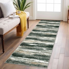 Lansny - Alfombra abstracta moderna de 2 x 6 pulgadas, color verde bosque, lavable, antideslizante, suave, para pasillo, alfombra de lana sintética con impresión fina, para entrada, recámara