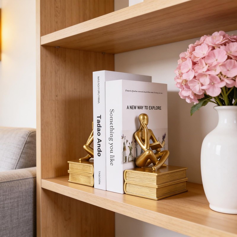 Reading Thinker Statue Book Ends for Shelves, Decorative Bookends for