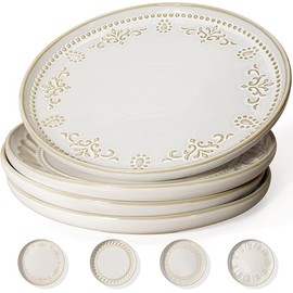 Artena Pho Bowls And Spoons Set, Embossed Ceramic Ramen Bowls, Ramekins Oven Safe, Large Ceramic Dinner Plates Set Of 4, 10.75 Inch Embossed Kitchen Salad Plates, Modern Serving Plates For Restaurant