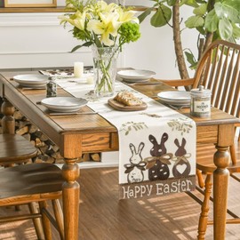 Easter Table Runner 40 x 140 cm Table Runner Easter Kitchen Spring Rabbit Linen Washable Table Runner Decorations for Dining Table Cloths, Restaurant, Easter Party