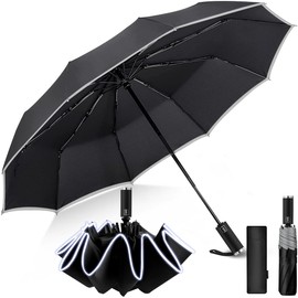 MXCOCO Paraguas Plegable Automático, Paraguas de Bolsillo para Lluvia y Sol, Sombrilla Plegable Grande Resistente al Viento con Protección UV y Borde Reflectante de Seguridad, Ligero y Portátil
