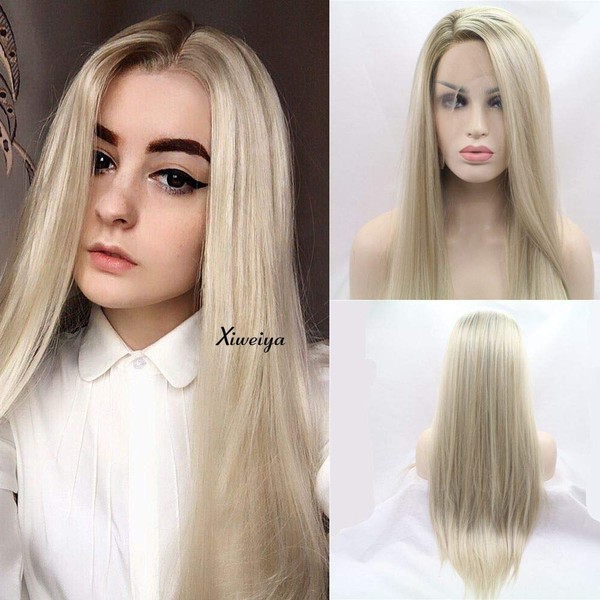 Xiweiya Heat Resistant Hair Ombre Blonde Synthetic Lace Wig for Women Side Part Long Silky Straight Half Hand Tied