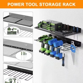 FRTKYGY Wall Mounted Power Tool Organizer Holder, Drill Holder Wall Mount with 4 Drill Holder, Heavy Duty Garage Tool Organizers and Storage with Hooks for Tool Room, Workshop, Garage