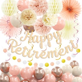 Champagne-Gold Beige Retirement Party Decorations, Happy Retirement Decorations for Women with Banner, Honeycomb Ball, Paper Lanterns, Tissue Pom Poms, Retire Party Supplies