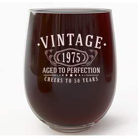 Vintage 1975 Etched 17oz Stemless Wine Glass - Happy 50th Birthday Gifts for Women Men, Cheers to Turning 50 Year Old Woman Her Decorations Decor, 50th Anniversary Bday Party Favors, Gift Ideas 1.0