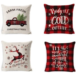 MOZEEDA Set of 4 Christmas Decorations Pillow Covers Cushion Covers Festival Pillow Case Decorative Sofa Linen Pillow Case for Couch Sofa Bed Home Decor Gifts (18 x 18 in)