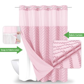 eachope - Cortina de ducha bohemia sin gancho con forro de tela a presión, 71 x 74 pulgadas, cortinas de ducha de tela de grado hotelero a rayas de Chevron rosa para baño con ventana, repelente al