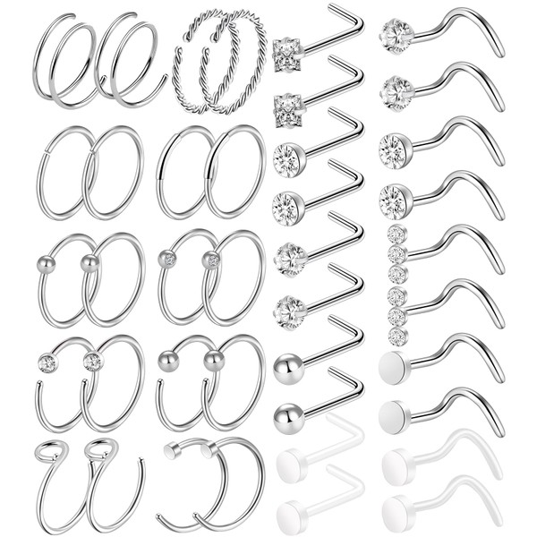 ONESING 40 Pcs 20G Nose Rings for Women Nose Piercings Jewelry Nose Rings Hoops L Shape Nose Studs Screw Surgical Stainless Steel Nose Rings Studs for Women Men