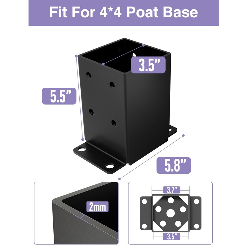2 PCS Metal 4×4 Post Base, Inner Size 3.5"x3.5" Heavy
