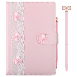 Thenshop 3 Pcs Pink Bow Coquette Journal Gifts Cute Preppy Girly Notebook A5 Hardcover Leather Lace Pink Diary with Crystal Bow Pen Aesthetic Preppy Notebook for Birthday Gift Office Supplies