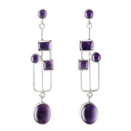 Franki Baker Natural Amethyst Gemstone & Sterling Silver Art & Craft Style Drop Earrings. 5.5cm