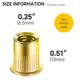 Mywish 200Pcs #8-32 Rivet Nuts, Yellow-Zinc Carbon Steel Flat Head Knurled Body RIV Nuts, Threaded Inserts Rivnuts for Wood & Metal, Rivnuts Nutsert Set