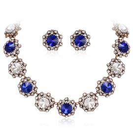 EVER FAITH Vintage Rhinestone Necklace and Earrings for Women Bohemian Boho Retro Round Crystal Statement Jewellery Set for Wedding Prom Party Daily Blue Antique Gold Tone