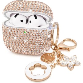 Cute Jewelry Case Compatible Airpods 4 Cases 2024 Cover Women, Hard TPU Airpod Case 4th Generation Glitter iPods 4 Case with Bling Keychain 【Champagne Gold】
