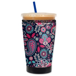 Mugzie Deluxe Iced Coffee Insulator Sleeve - Reusable Neoprene Cozy for Cold Drink Cups - Prevents Condensation and Tip Overs - Made in USA - Pink Paisley (Medium 16-18 Oz)