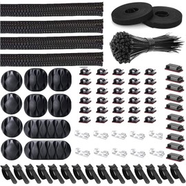 Kit de Gestión de Cables,100 Bridas Para Cables y 4 Organizadores de Cables,15 y 2 Rollos de Bridas Autoadhesivas,10 Bridas Para Cables,40+10 Bridas de Escritorio Para TV,Oficina (181, Ferroso)