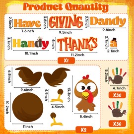 B1ykin 78Pcs Thanksgiving Thankful Hands Turkey Bulletin Board Decoration, Big Size Turkey and Handprint Cutout Door Decor, Elementary Kindergarten Preschool Chalkboard Wall Decorations Supplies