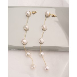 Long Pearl Dangle Earrings for Women 14K Gold Plated Sterling Silver Post Pearl Drop Tassel Earrings for Bridal Wedding, Pearl, Pearl
