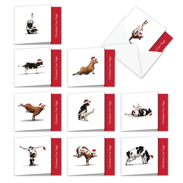 The Best Card Company - 10 Blank Animal Christmas Note Cards - Assorted Bulk Holiday Cards for Kids, Fun Wildlife (4 x 5.12 Inch) - Christmas Cow Yoga MQ6545XSB-B1x10