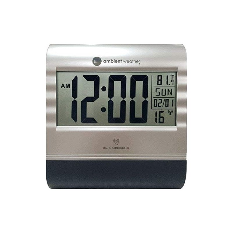 Ambient Weather RC-9362 Silver Atomic Digital Wall Clock with Temperature
