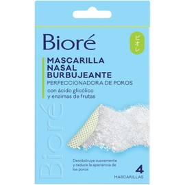 Bioré, Mascarilla Nasal Burbujeante, Perfeccionadora de Poros, Con Ácido Glicólico y Enzimas de Frutas, 4 Bandas