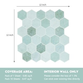 Hexagon Peel and Stick Backsplash, 12"x 12" Self-Adhesive Marble Green Honeycomb Stick on Wall Tiles for Kitchen Bathroom (10 Sheets)