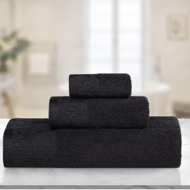 Superior 3 Piece Cotton Towel Set, Floral Jacquard Dobby Border, Plush Quick Dry, Decorative Bathroom, Shower, Bath, 1 Body, 1 Hand, 1 Face Towel/Washcloth, Wisteria Collection, Black/Black