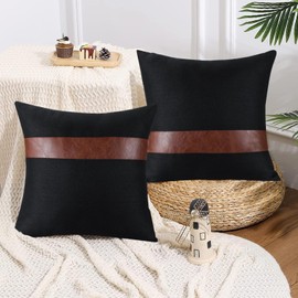 JOTOM Set of 2 Linen Faux Leather Patchwork Throw Pillow Covers 45x45cm Stripe Patchwork Modern Cushion Covers Farmhouse Decor Square Pillowcases for Outdoor Couch Living Room Bed Sofa Decor (Black B)