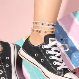 FANCY SHINY String Ankle Bracelets Waterproof Rope Anklets Braided Beach Boho Coin Anklets Cute Friendship Foot Jewelry for Women Teen Girls(Ivory/Gray)