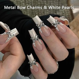 3D Metal Bow Nail Charms, Mixed Styles Silver Alloy Ribbon Bowknot Bow Tie Metallic Studs with White Flatback Pearls Nail Jewelry Manicure Supplies DIY Crafts Decorations