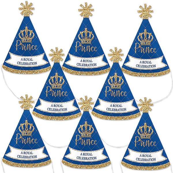 Big Dot of Happiness Royal Prince Charming - Mini Cone Baby Shower or Birthday Party Hats - Small Little Party Hats - Set of 8